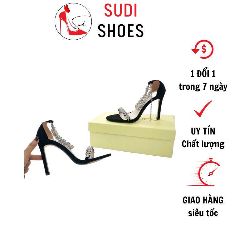 Giày cao gót 7p nhọn SUDI - A57-BFD 2 quai bàn chân và cổ chân đều mảnh có đính ngọc 1 màu đen tiểu thư bánh bèo