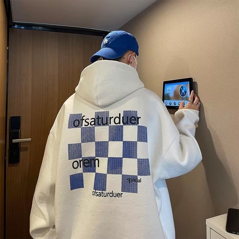 Áo Hoodie Nam Dáng Rộng Họa Tiết Caro Thời Trang Xuân Thu
