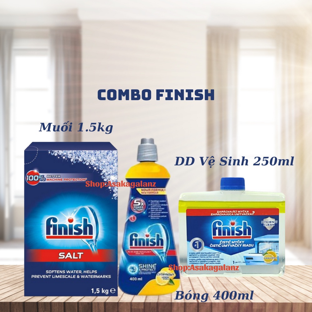 [MỚI 2021]Combo rửa bát Finish: Bột 2.5kg, Muối 1.5kg, Nước làm bóng 750ml - Nhập khẩ