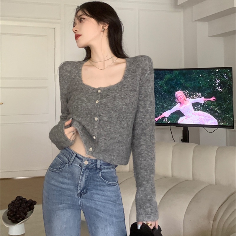 Áo Cardigan Dệt Kim Tay Dài Cổ Vuông Dáng Ôm Thời Trang Cho Nữ