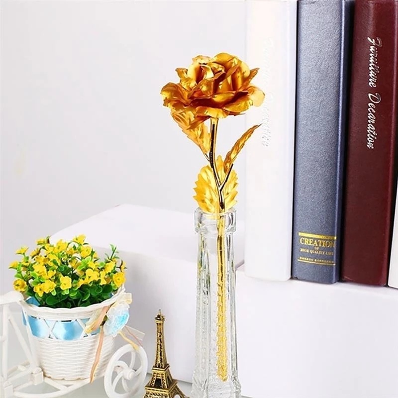 1 Nhánh Hoa Hồng Giả Bằng Nhựa Phối Lá Vàng Trang Trí Nhà Cửa/Văn Phòng/Tiệc Cưới DIY