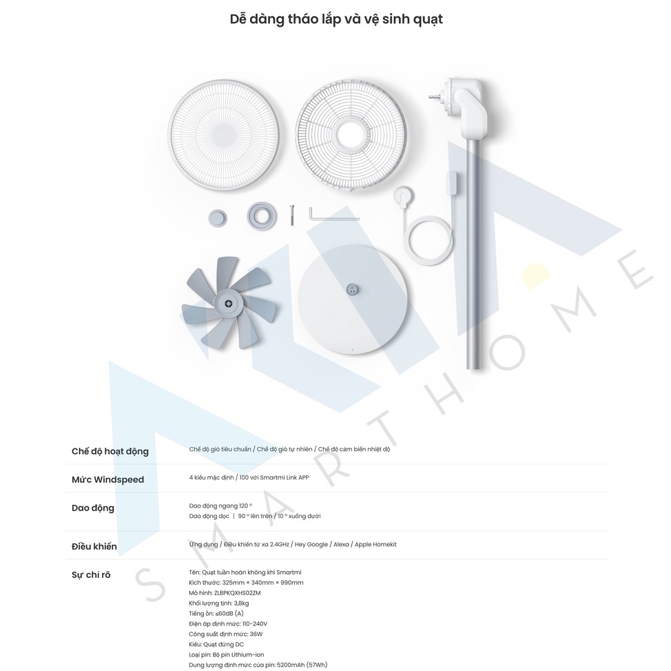 Quạt đối tích điện Smartmi Gen 3 Pro Quốc Tế - Xoay nhiều góc, Pin sạc tích điện, Kết nối app Smartmi, BH 12 Tháng