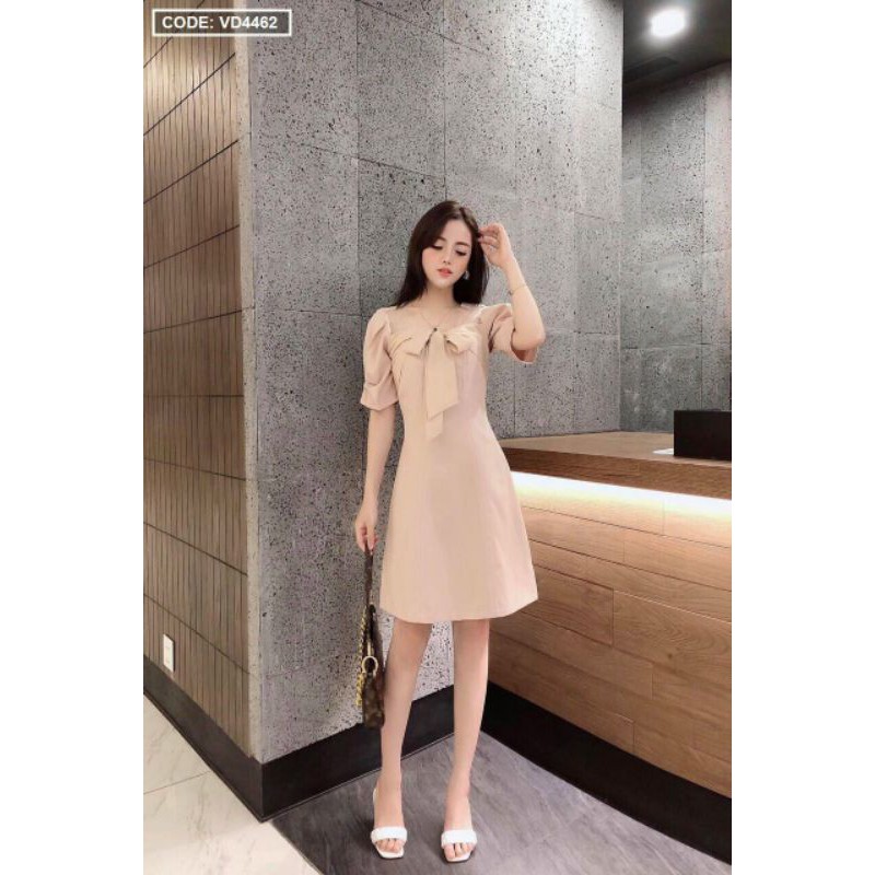 Đầm xòe tay con cột nơ phối voan