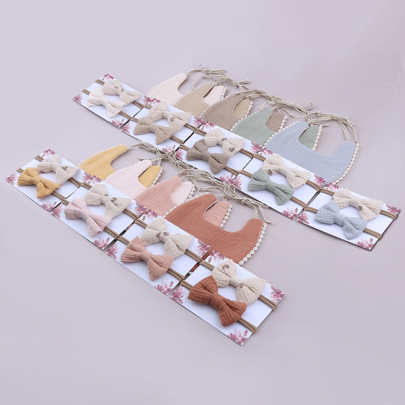 Yếm Ăn Kèm 2 Băng Đô Nơ Bằng Cotton Nguyên Chất Dễ Thương Cho Bé