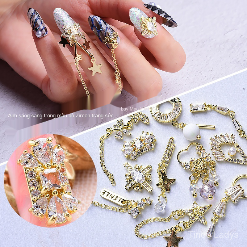 Hàng Bán Sỉ Nguyên Liệu Trang Trí Móng Tay Nghệ Thuật Mạ Vàng Đính Đá Zircon Phối Dây Xích Tua Rua Sang Trọng