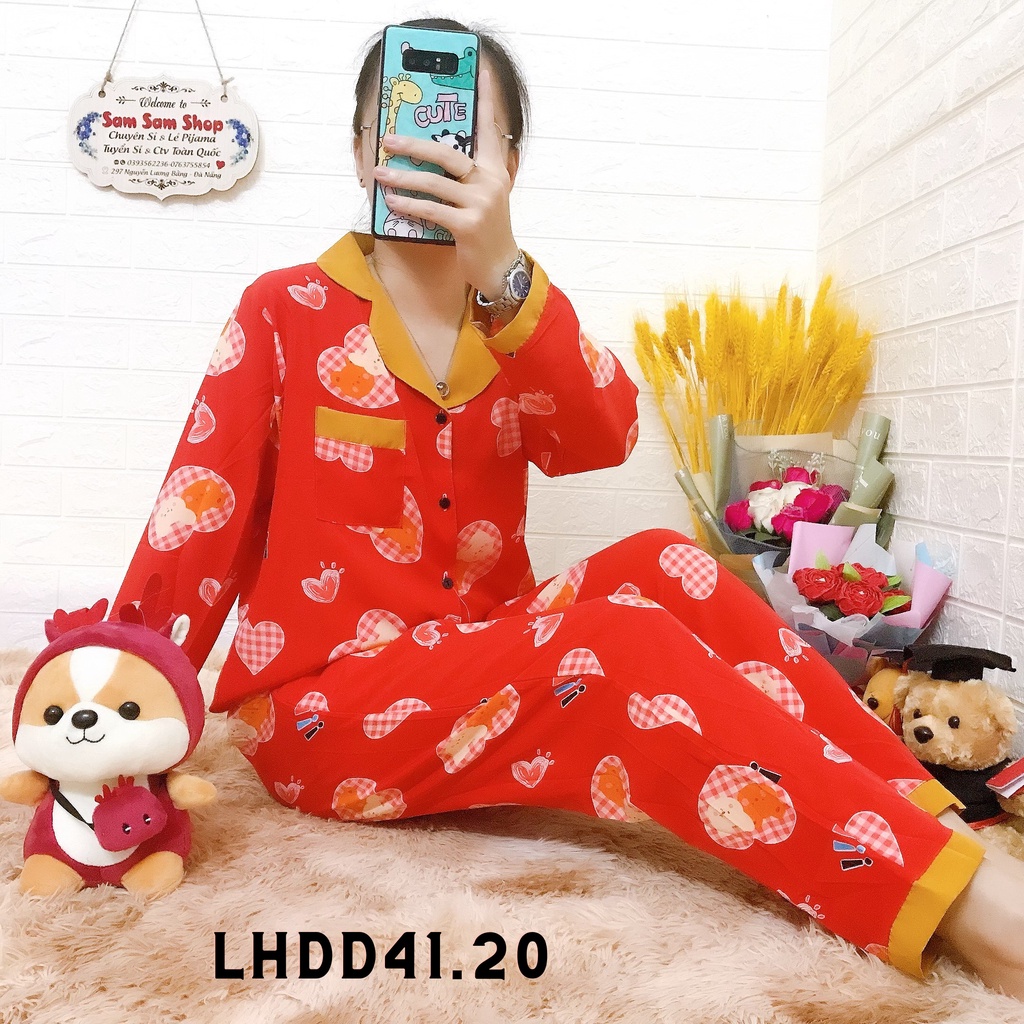 Đồ bộ pijama lụa hàn dưới 50kg, quần áo ngủ nữ mặc nhà áo tay dài quần dài - Sam Sam Shop