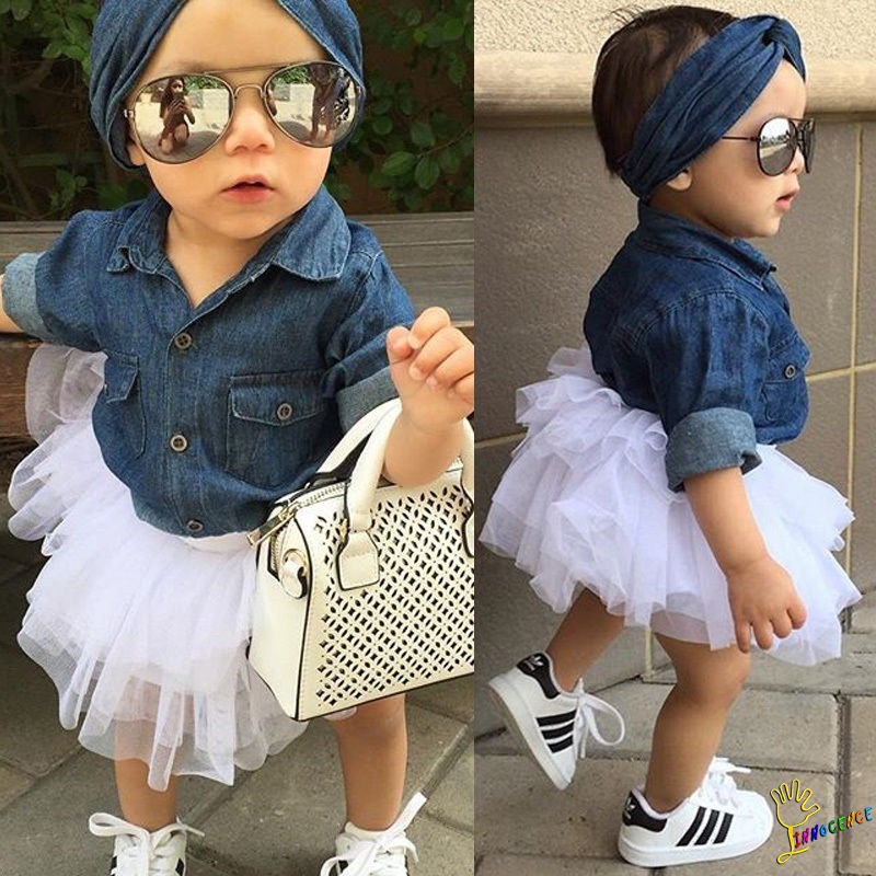 ❤XZQ-Casual Kids Baby Girls Denim Tops Shirt+Tutu Skirts Cake Dress 3pcs Outfits Set