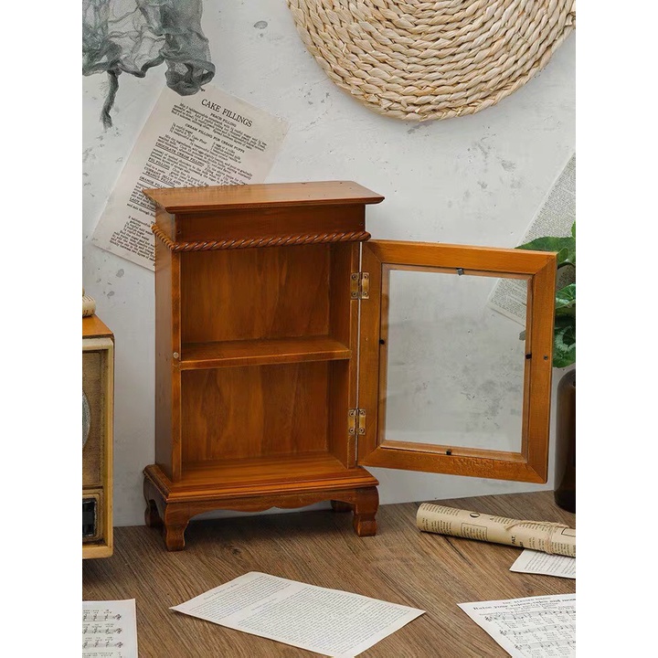 Tủ Gỗ Mini Để Bàn 2 Ngăn Đựng Đồ Decor Phong Cách Vintage