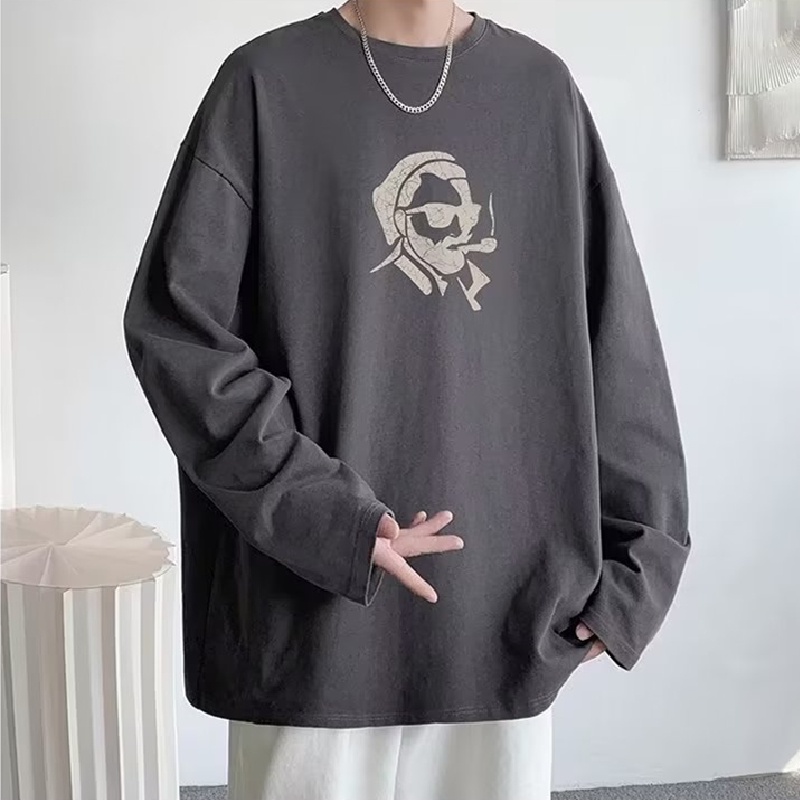 Áo Thun Tay Dài Cổ Tròn Dáng Rộng In Họa Tiết Hoạt Hình Phong Cách Hàn Quốc Thời Trang Cho Nam size M-5XL