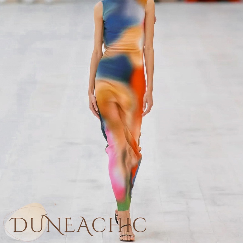 DUNEA Đầm ôm xẻ tà in họa tiết màu nhuộm quyến rũ dành cho nữ