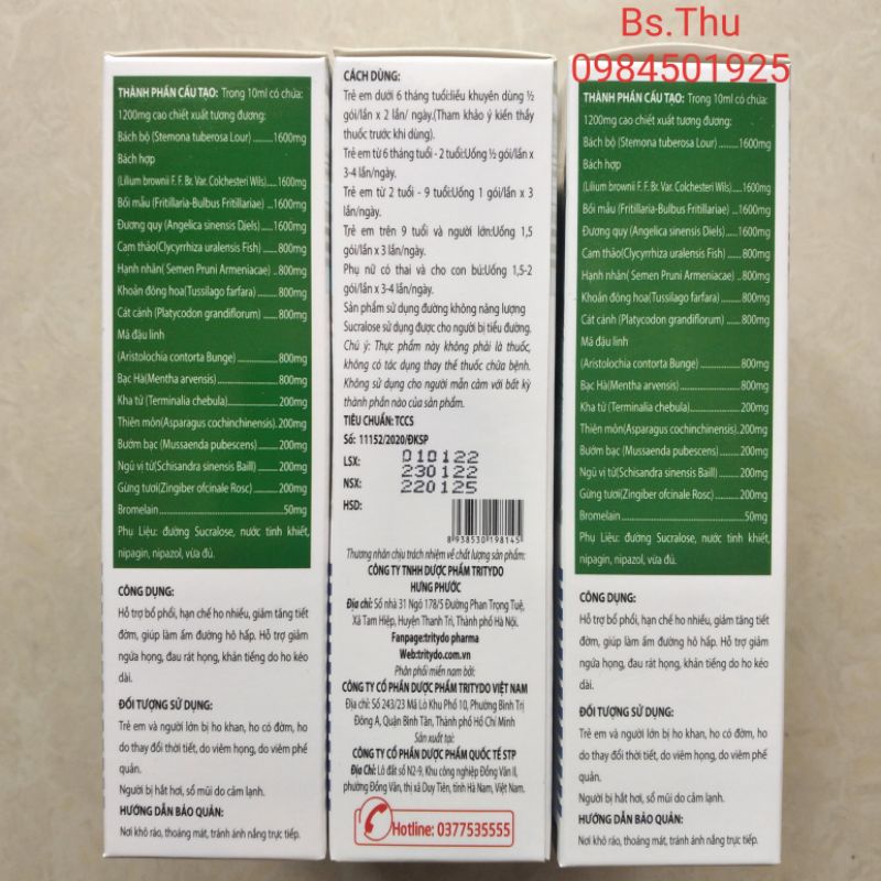 Hộp 12 gói bổ phổi Tritydo Trytido chai 100ml hỗ trợ làm ấm đường hô hấp, giảm rát họng, khản tiếng