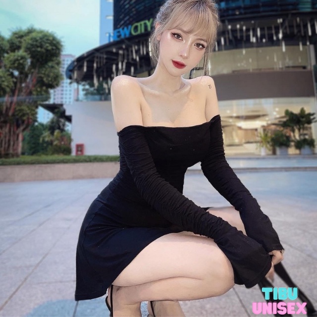 Đầm body sexy tay dài loe TIBU, Váy nữ ôm trễ vai xoè màu đen chất thun gân co dãn dự tiệc đi chơi cực xinh