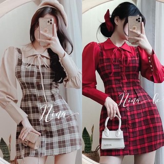 Đầm caro tay phồng cổ somi giả set