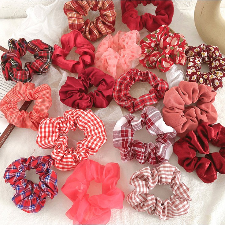 Dây buộc tóc scrunchies, dây cột tóc chun buộc tóc nữ họa tiết màu đỏ dễ thương Hàn Quốc P171 - VHT SHOP