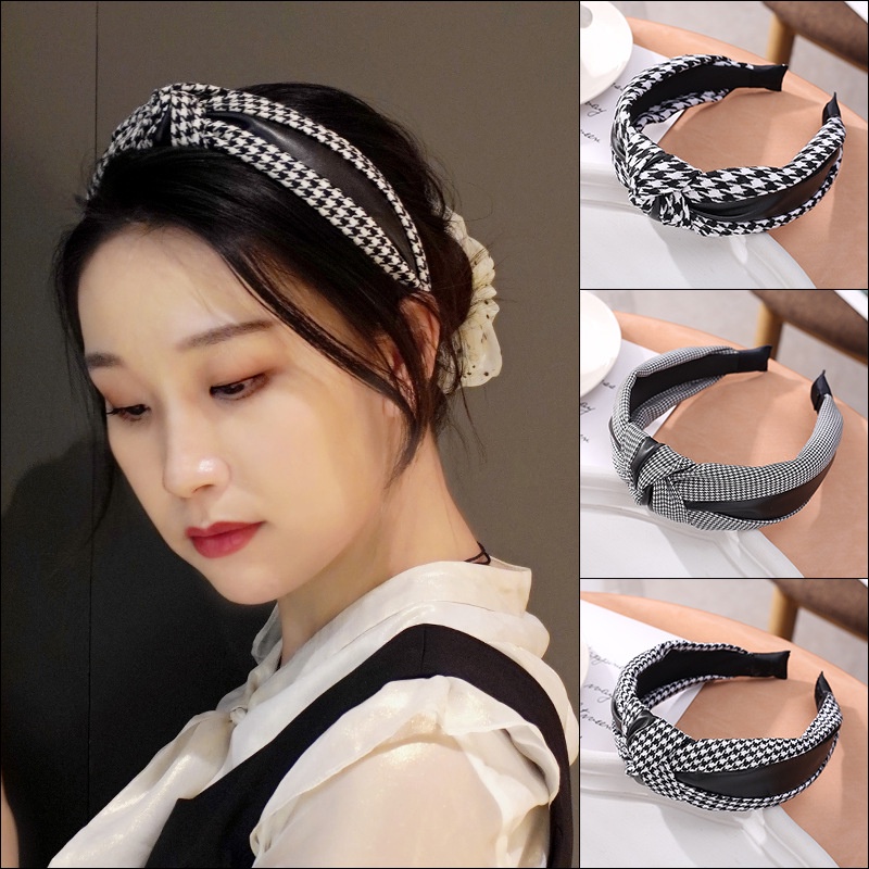 Cài tóc nữ thời trang turban màu da den phối họa tiết caro cá tính bờm tóc