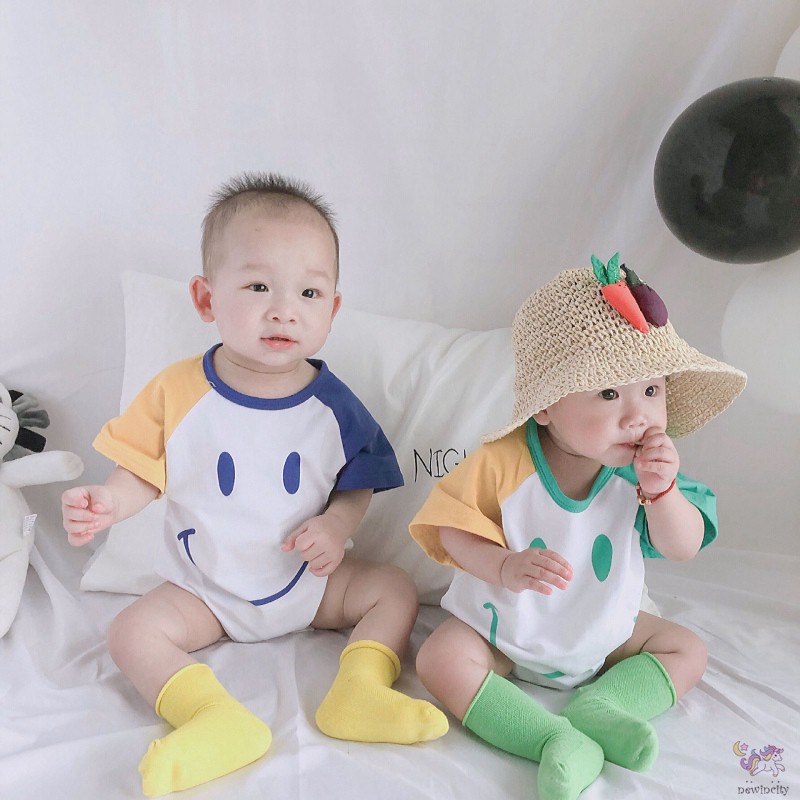 Bộ Áo Liền Quần Ngắn Tay Hình Mặt Cười Cho Bé Trai Và Bé Gái