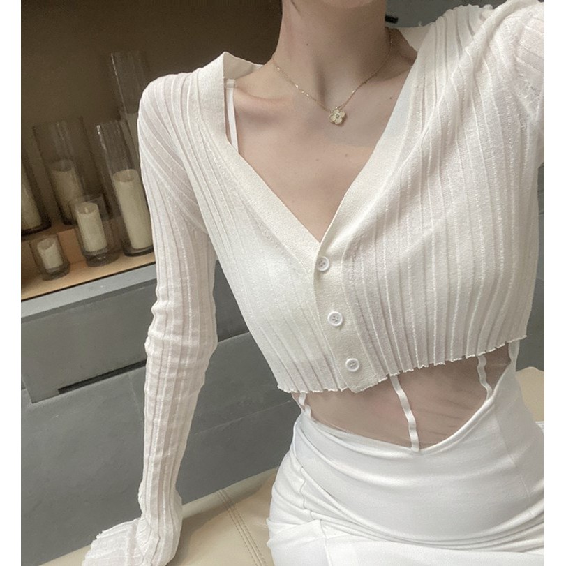 Xiaozhainv Áo lửng tay dài cổ chữ V thiết kế thời trang quyến rũ