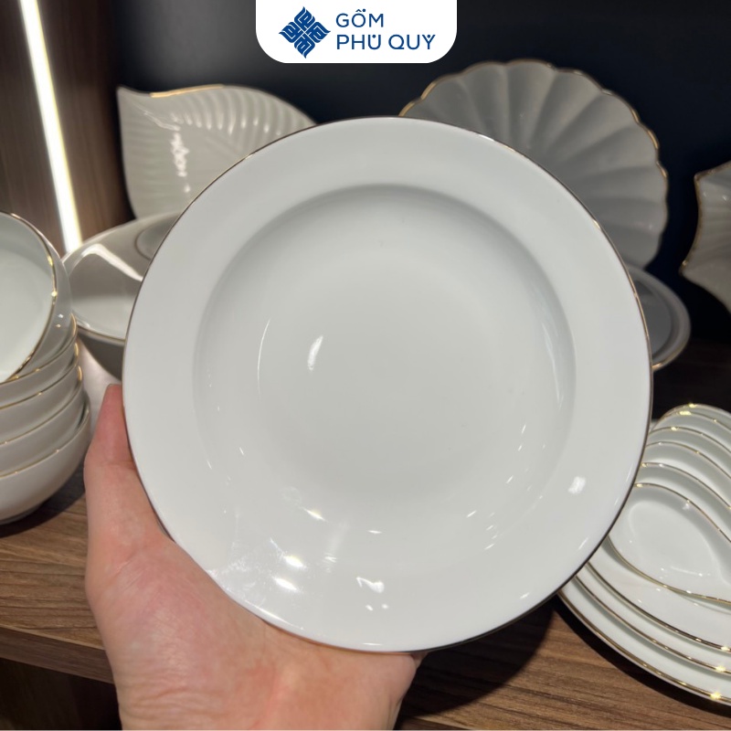 Bộ Bát Đĩa Sứ Bát Tràng, Chén Dĩa Trắng Kẻ Chỉ Vàng Kim Đẹp, Cao Cấp, Bát Ăn Cơm Hh01