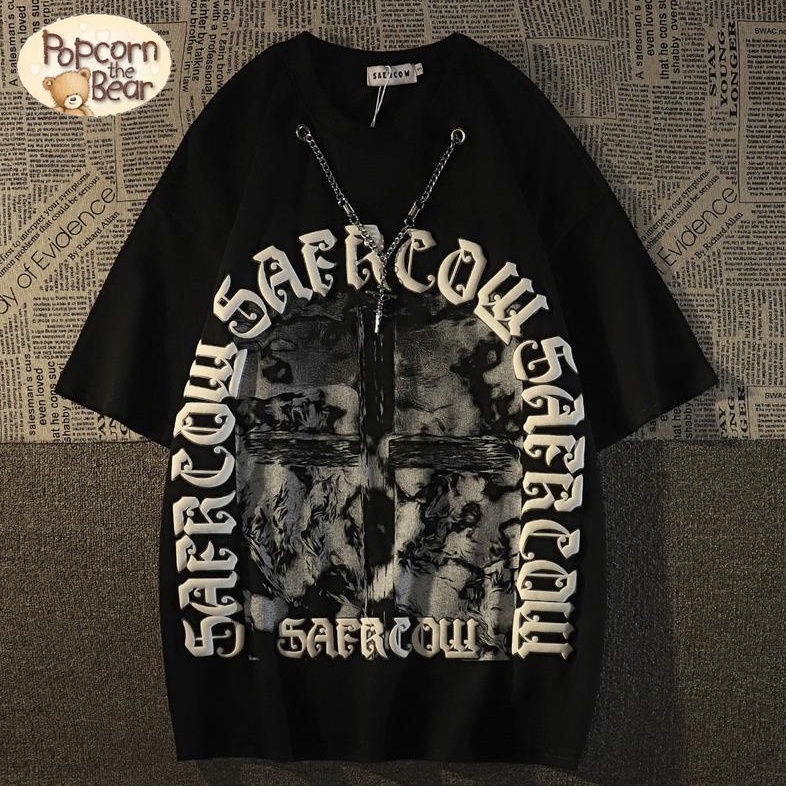 ♣Áo Thun Phong Cách Mỹ Cá Tính♣Áo Thun Tay Ngắn Dáng Rộng In Hình Chữ Thập/Gấu Phong Cách Hip Hop Đường Phố Dành Cho Nam