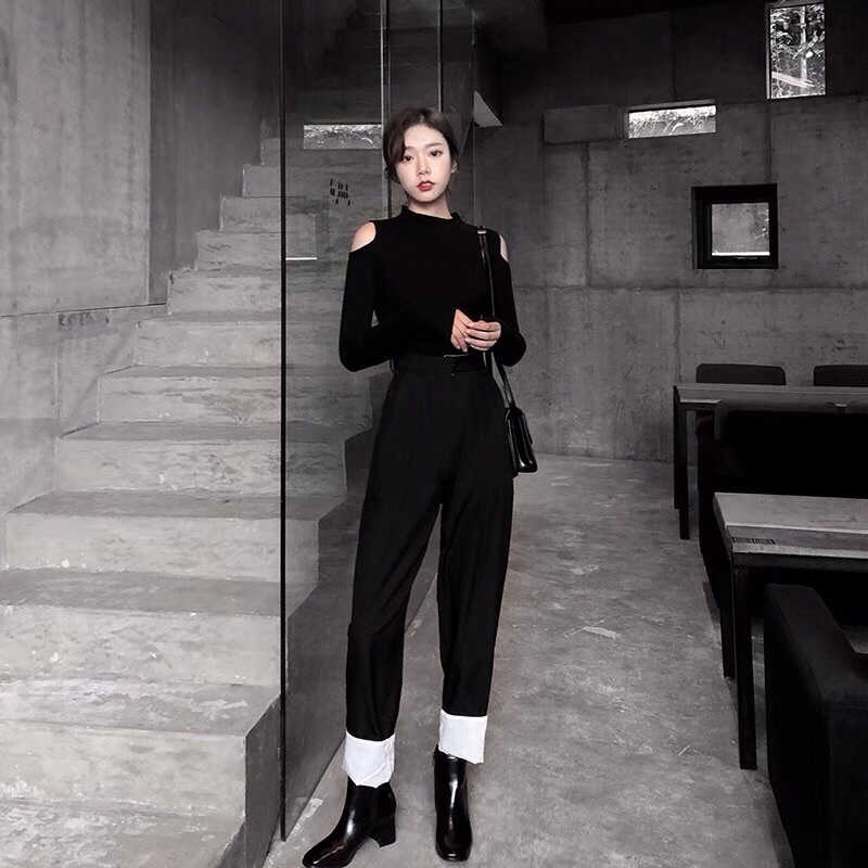 Áo thun cổ lộn croptop tay dài phối hở hai bên vai cá tính cho nữ cool ngầu