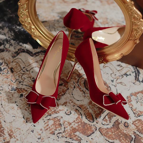 Giày Cao Gót Đính Nơ Đỏ Thời Trang Pháp Cho Cô Dâu 2022 Mới