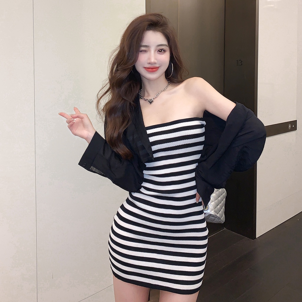 QKOOLE Đầm ống  kẻ sọc phong cách Hàn Quốc thời trang gợi cảm cho nữ