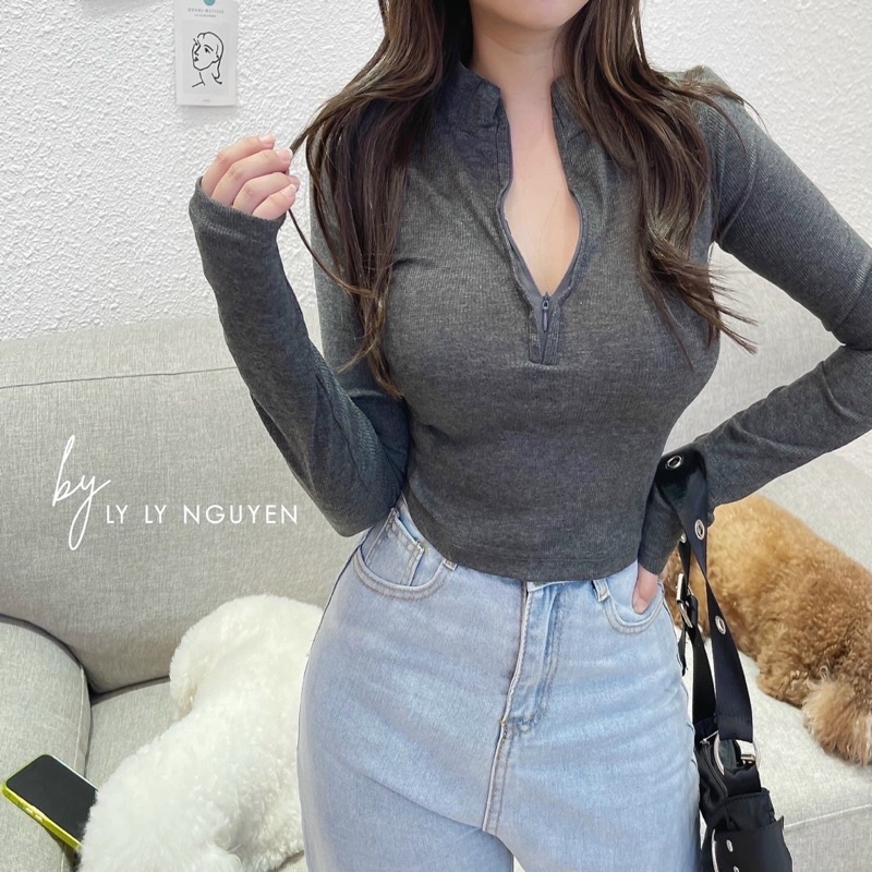 Áo thun tay dài dây kéo ngực thun gân dày