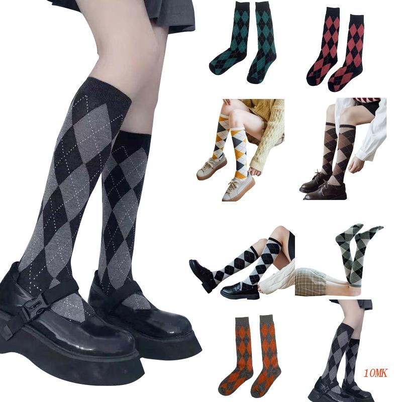 Vớ Cotton Cao Đến Đầu Gối In Họa Tiết Kim Cương Nhiều Màu Sắc Phong Cách Preppy Nhật Bản 10MK Mi