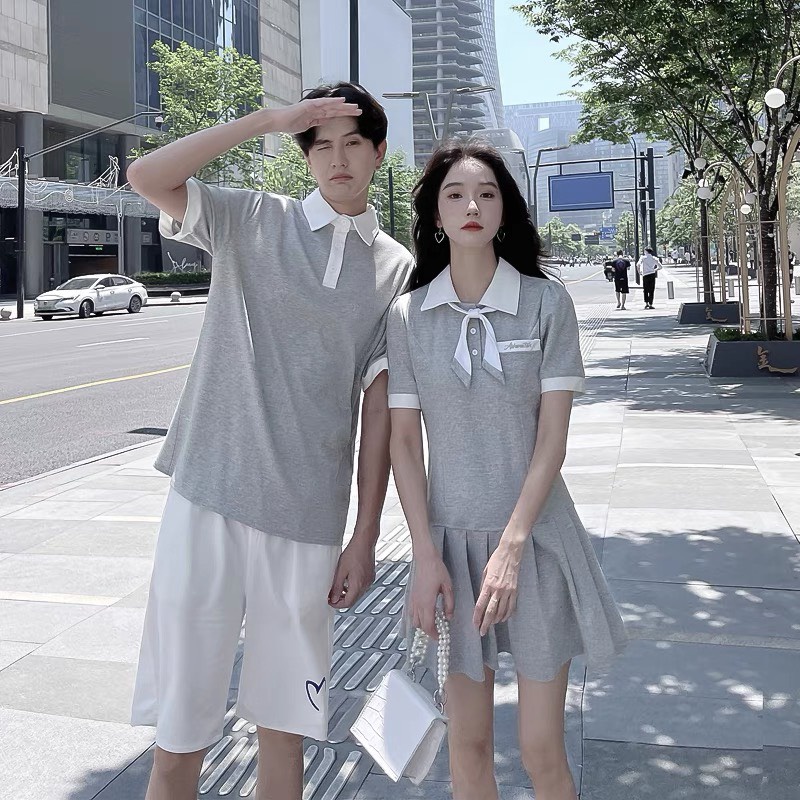 Áo váy đôi poplo xám xếp ly chân váy - Thời trang nam nữ, đồ đôi Forever Couple Store