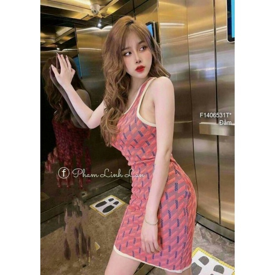 Đầm body len họa tiết phối dây chéo lưng sátn