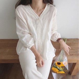 Áo sơmi thô tay bồng pha ren vintage
