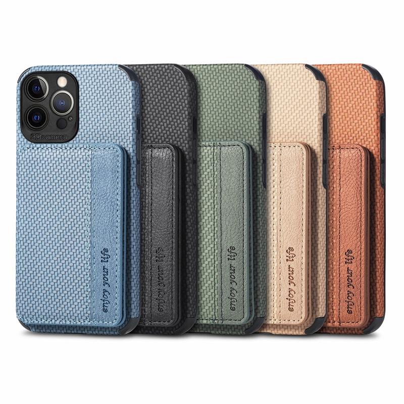 Ốp Điện Thoại Kèm Ngăn Đựng Thẻ Bằng Sợi Carbon Cho iPhone 13 12 Mini Pro Max