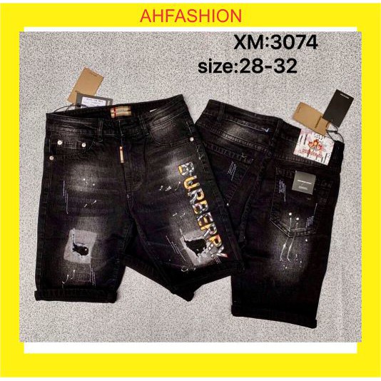 Quần short jean nam DSQ xám rách in BURBERY chất bò vải dày fỏm đẹp co dãn tốt cao cấp AHFASHION