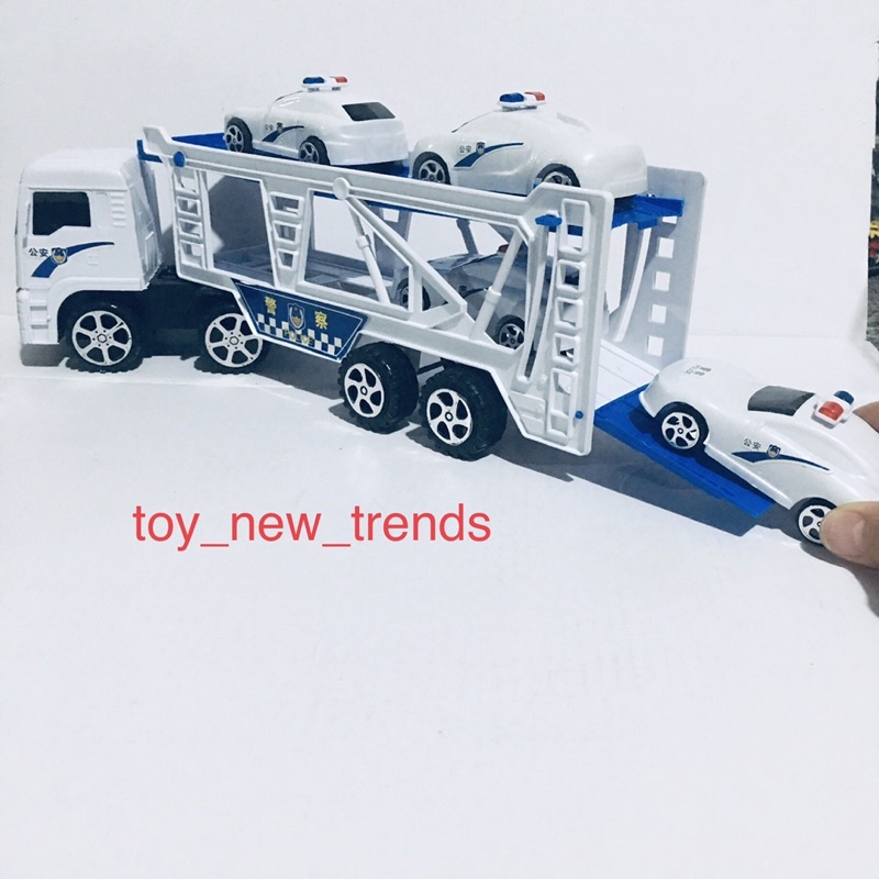 Đồ chơi ô tô, xe police to chở 4 xe nhỏ. Thiết kê 2 tầng để đựng xe nhỏ, chạy lực đà, kích thước 33cm x 6,5cm