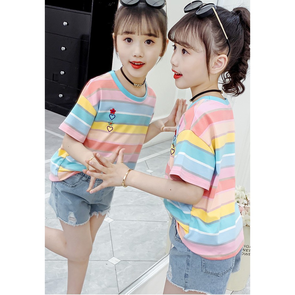 Áo phông bé gái size đai từ 20 -50kg màu cầu vồng thêu hoa-trái tim ngực AH02