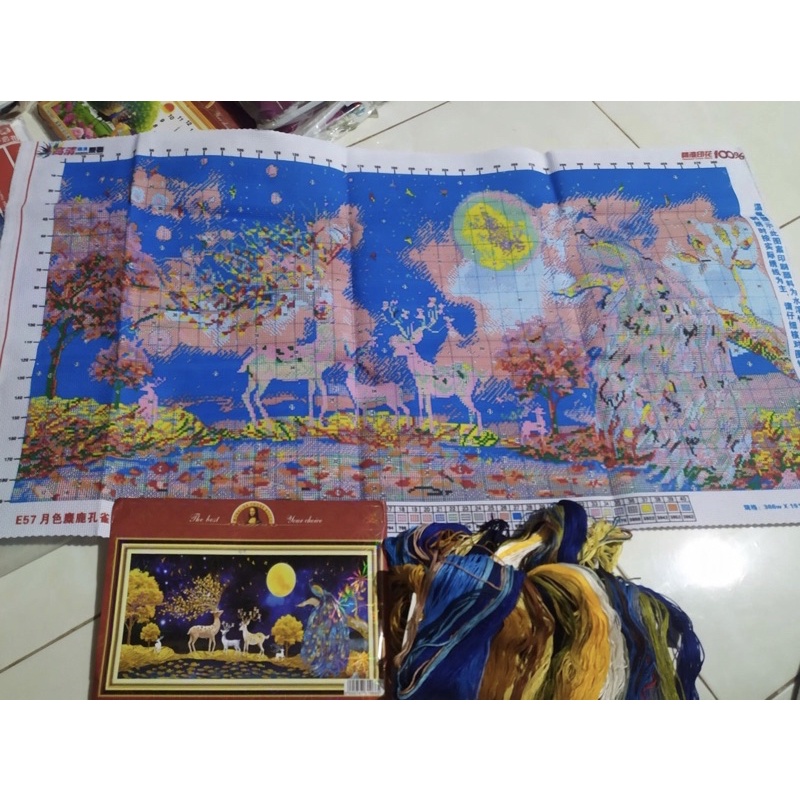 Tranh thêu Hươu Tài Lộc Dưới Ánh Trăng KT; 100x55cm, 120x55cm,150x70cm - Tranh chưa thêu