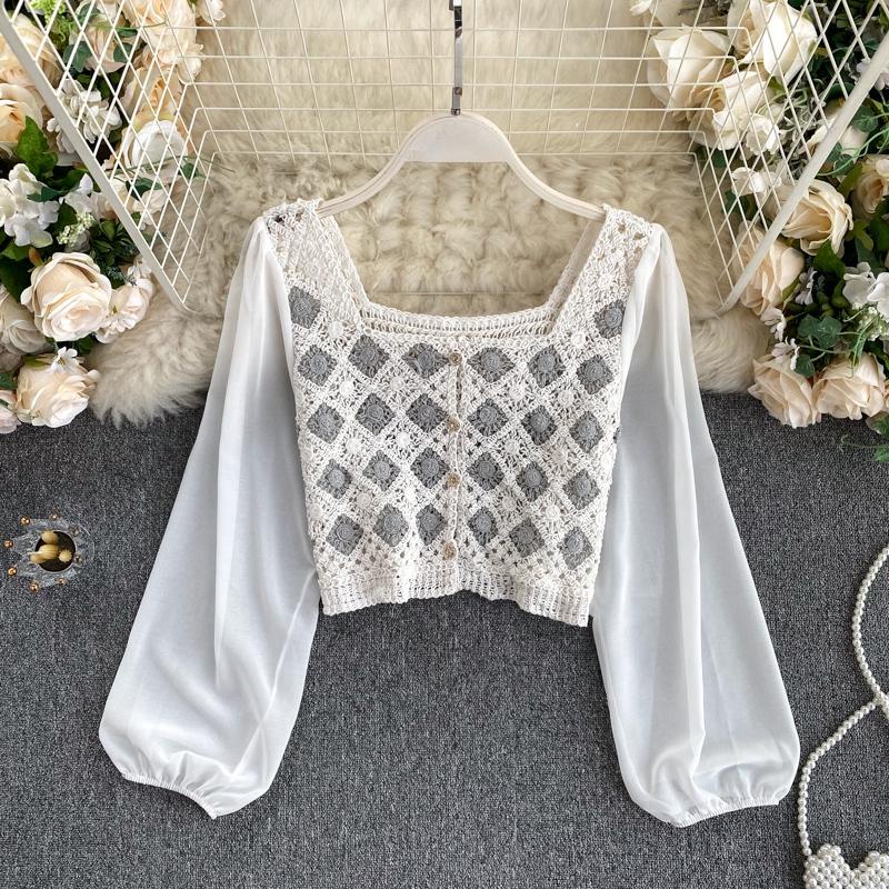Áo sơ mi chiffon dệt kim cổ vuông tay phồng phối nút kiểu retro Hàn Quốc xinh xắn cho nữ