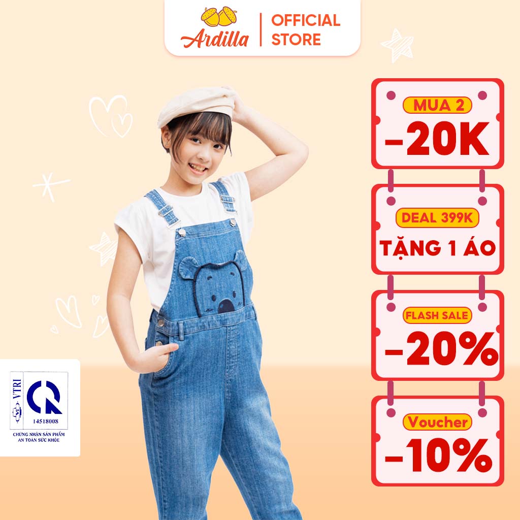 Quần Yếm Jean Bé Gái ARDILLA Thêu Hitdog Ngộ Nghĩnh, Chất Liệu Cotton Thoáng Mát Cho Bé Từ 6-15 Tuổi AA9200
