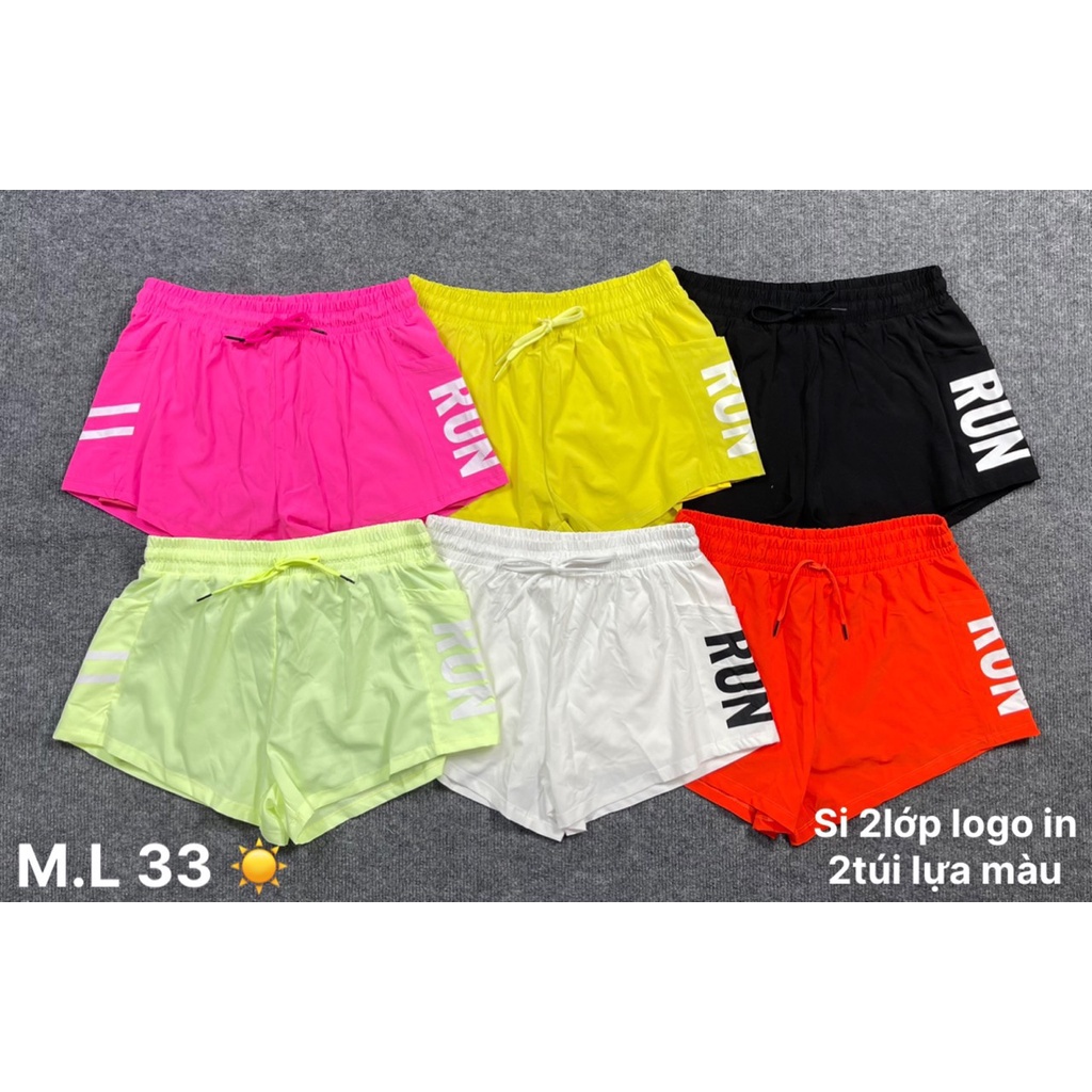 Quần đùi tập gym yoga thể thao nữ, quần đùi 2 lớp bản lưng cao in chữ run có túi Bin Sports Q147