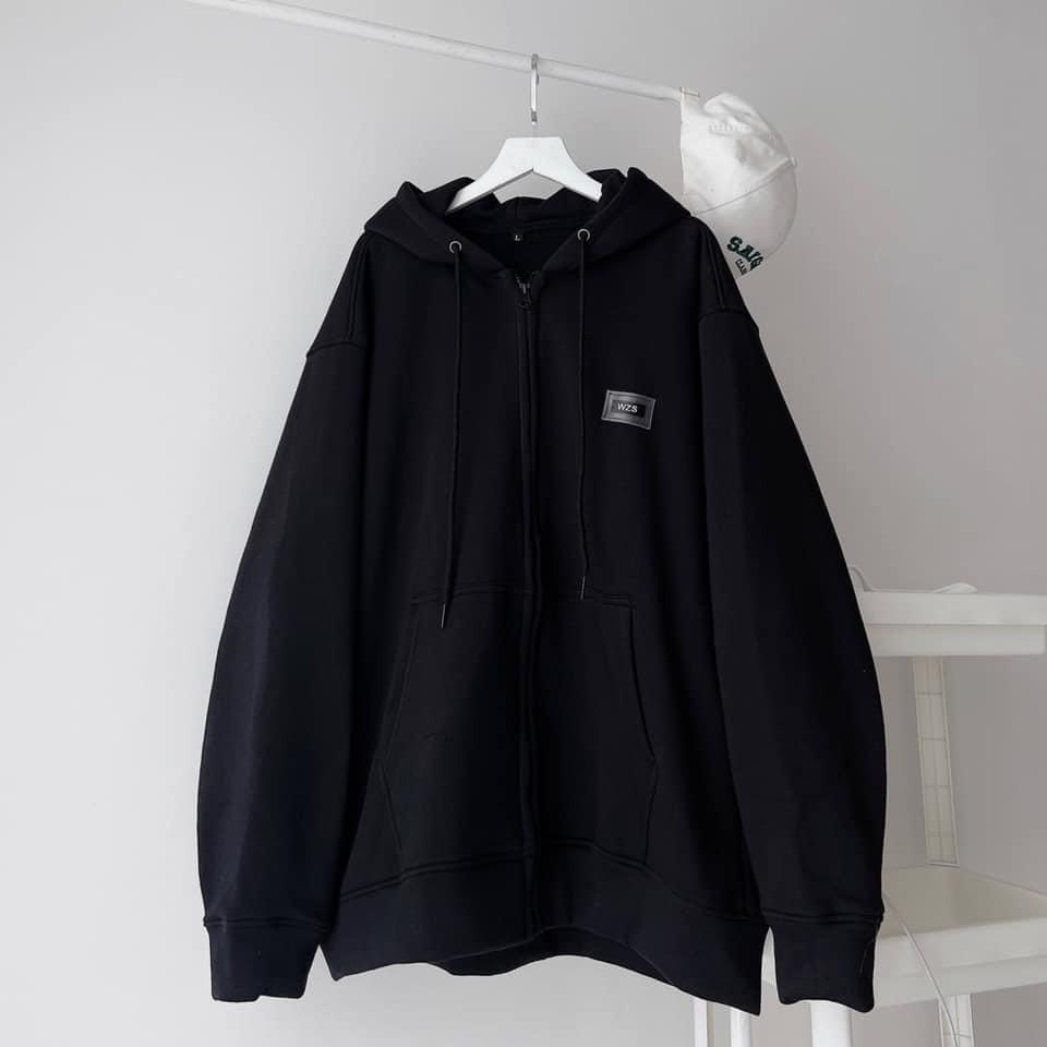 Áo khoác hoodie nỉ dây kéo TEM SU WZS màu đen vải nỉ lót bông form rộng unisex nam nữ khoác ngoài form rộng