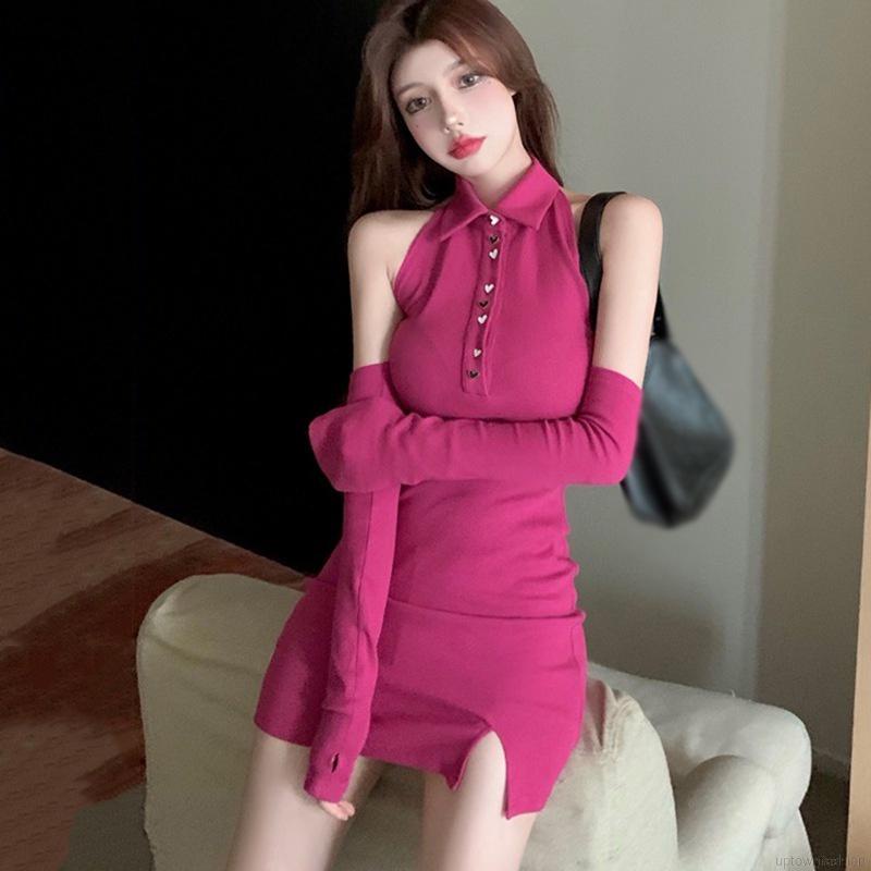 Đầm xẻ tà cổ yếm ôm dáng thời trang cho nữ