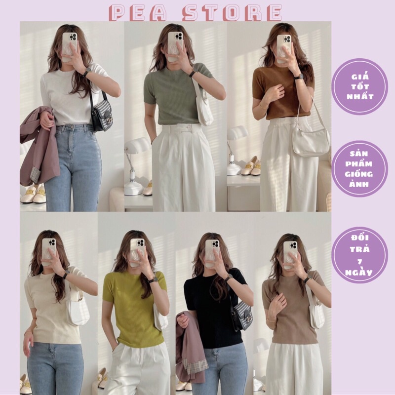 Áo len đũa cộc tay mềm mịn Pea Store - Áo len tăm cộc tay cổ tròn Pea Store (Ảnh thật)
