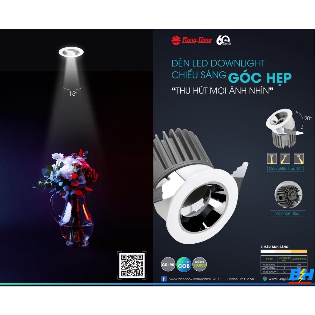 Đèn LED âm trần Downlight xoay góc 7W Rạng Đông Model: AT22 60/7W