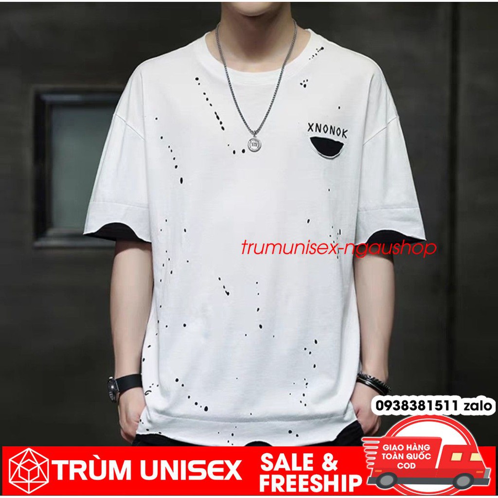 Áo thun unisex áo phông nam rộng XNONOK dạng rách kèm áo thật vải cotton đen trắng Trùm Unisex