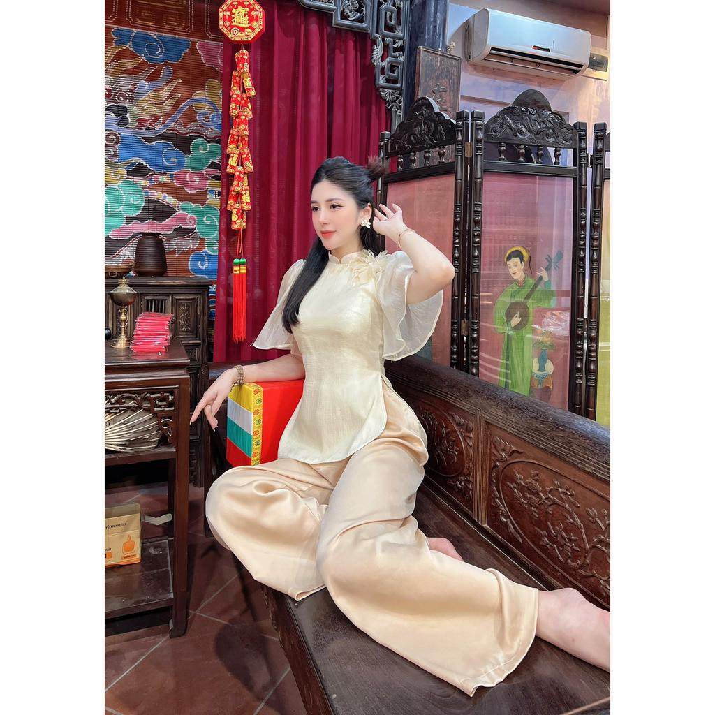 Quần áo đi chùa cổ 3 phân thêu hoa tay cánh tiên Bộ lam đi chùa nữ lụa voan 2 lớp Pháp phục đi lễ cách tân, sang trọng