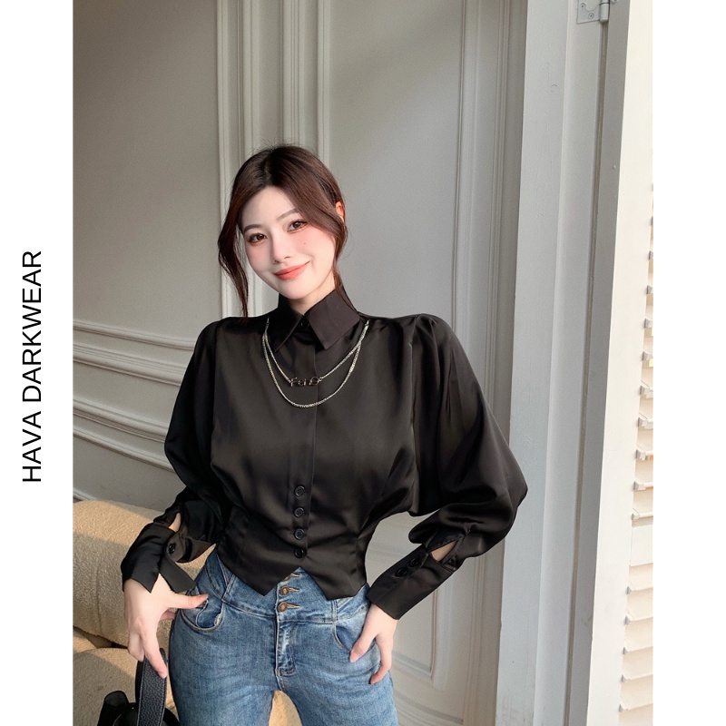 Áo sơ mi croptop eo cúc tay bồng màu đen ASM132