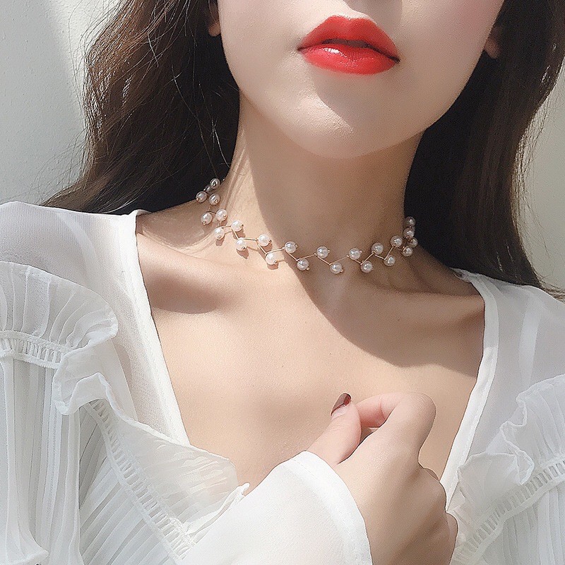 Vòng Cổ Nữ Choker Dây Chuyền Cổ Đính Hạt Cao Cấp - Màu Trắng/Đen