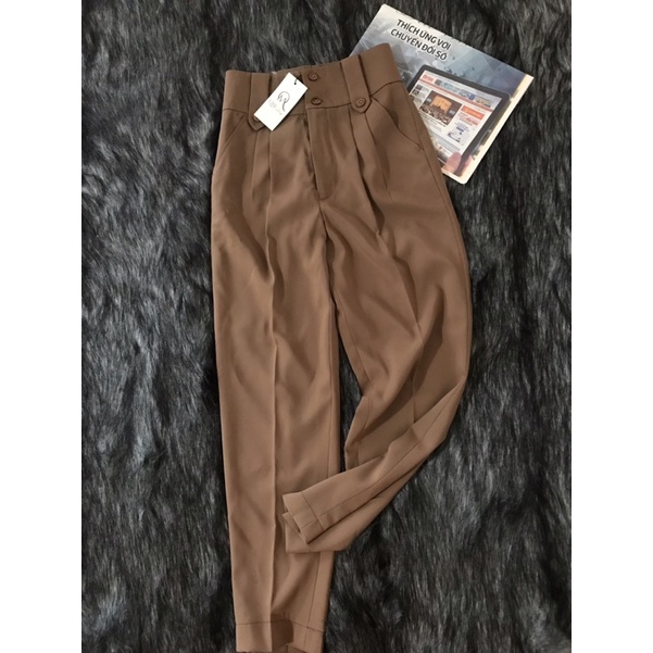 Quần baggy lưng cao hai nút khoá kéo trước thời trang