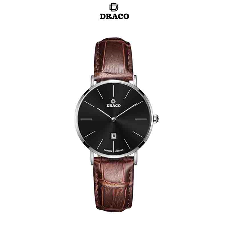Đồng hồ nữ Draco D22-STN02 &quot;Classic Girl&quot; đen kết hợp chất liệu dây dây da bò màu nâu-phụ kiện thời trang nữ nhẹ nhàng t