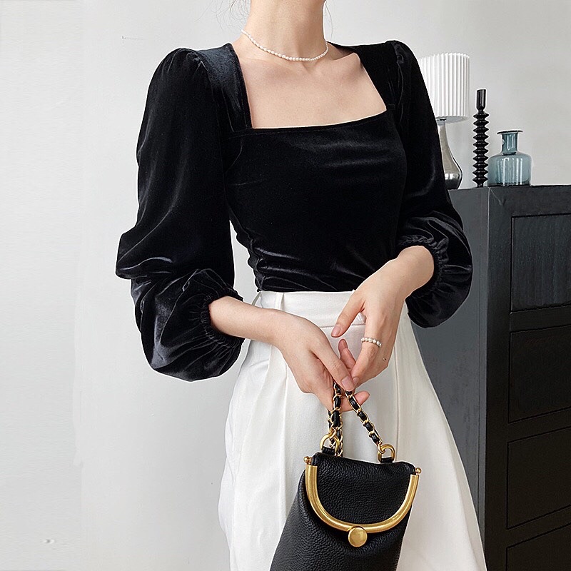 Áo nhung cổ vuông nữ tay phồng phong cách tiểu thơ Hàn Quốc
